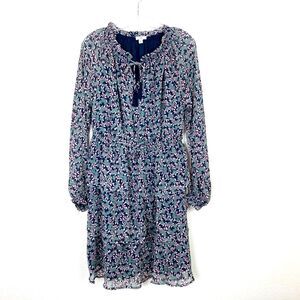 Dip Tiered Midi Dress Size M Green & Blue Floral Tasseled Long Sheer Sleeves